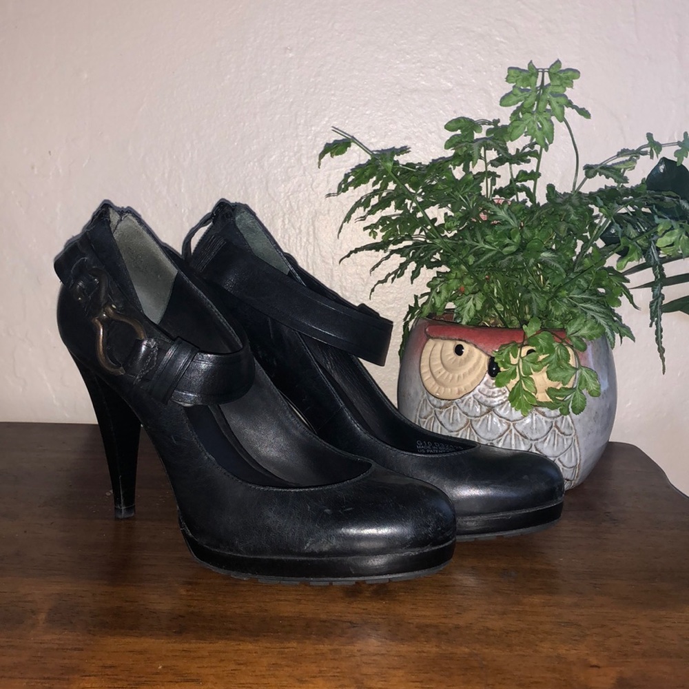 Cole Hann black leather, ankle strap heels, 7 1/2